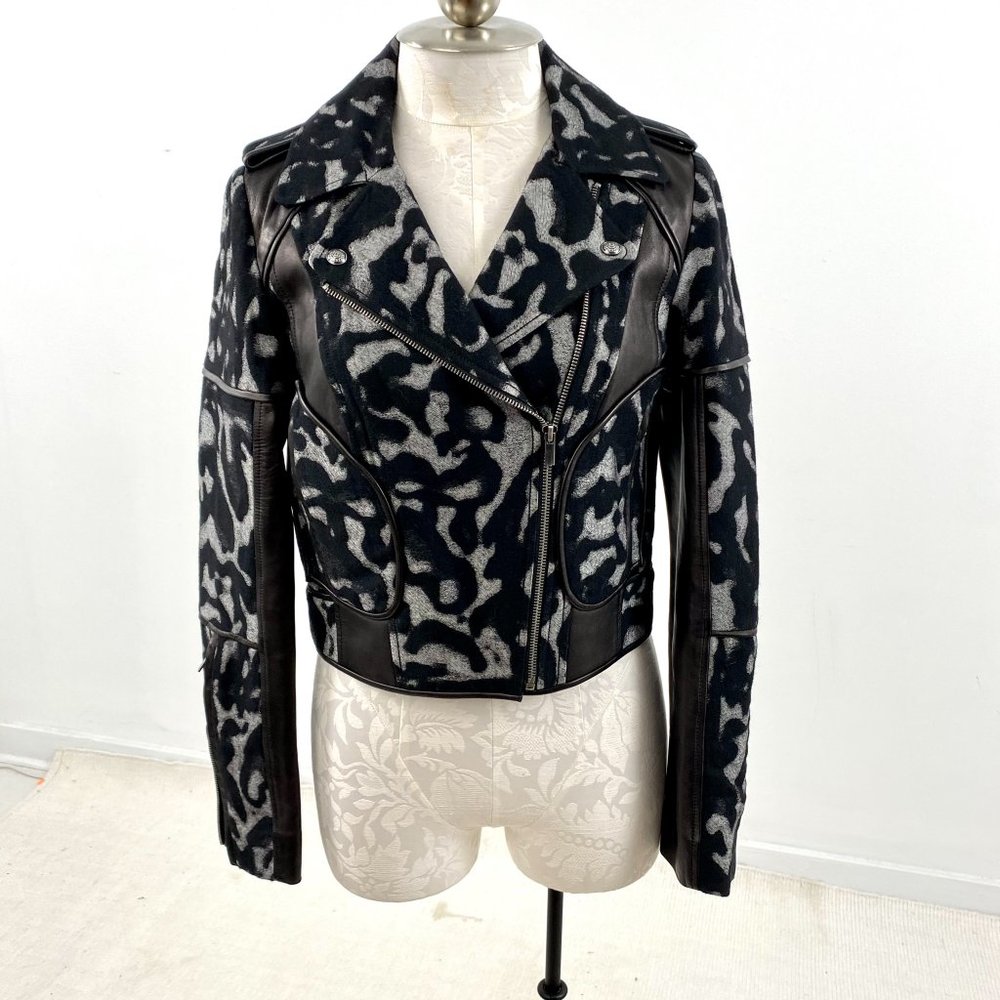 DVF Diane Von Furstenberg Jacket 6 S/M Moto Leather Wool Print Black Grey NWOT - Picture 10 of 15